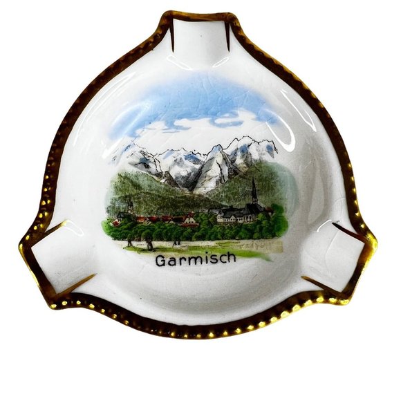 Garmisch Germany Ashtray Hand Painted Bavaria Ceramic Triangle Gold Trim Vintage - Picture 1 of 8